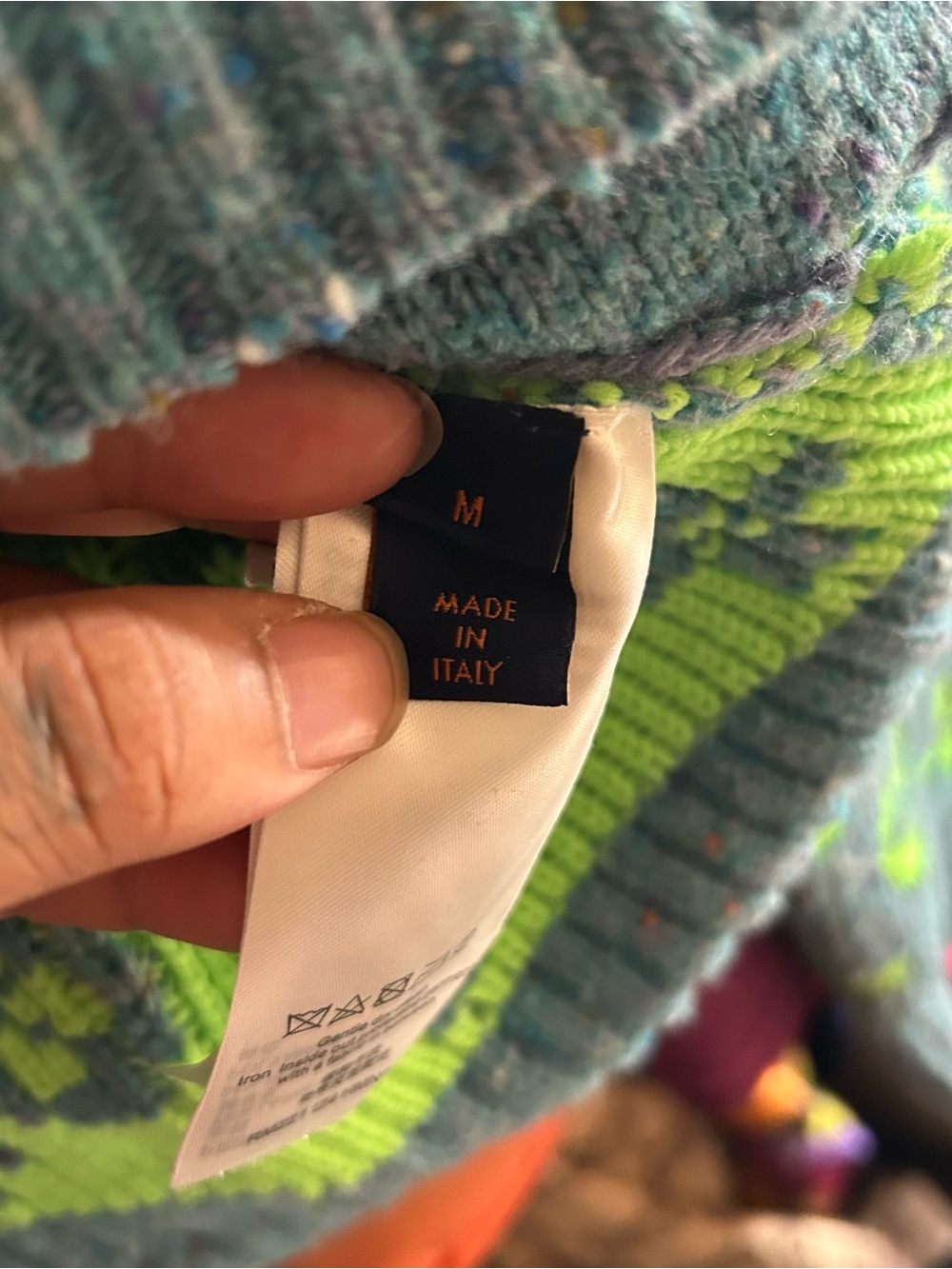 Louis Vuitton mens' neon Green & Aqua Logo Knit Cardigan Jacket - Picture 4 of 9